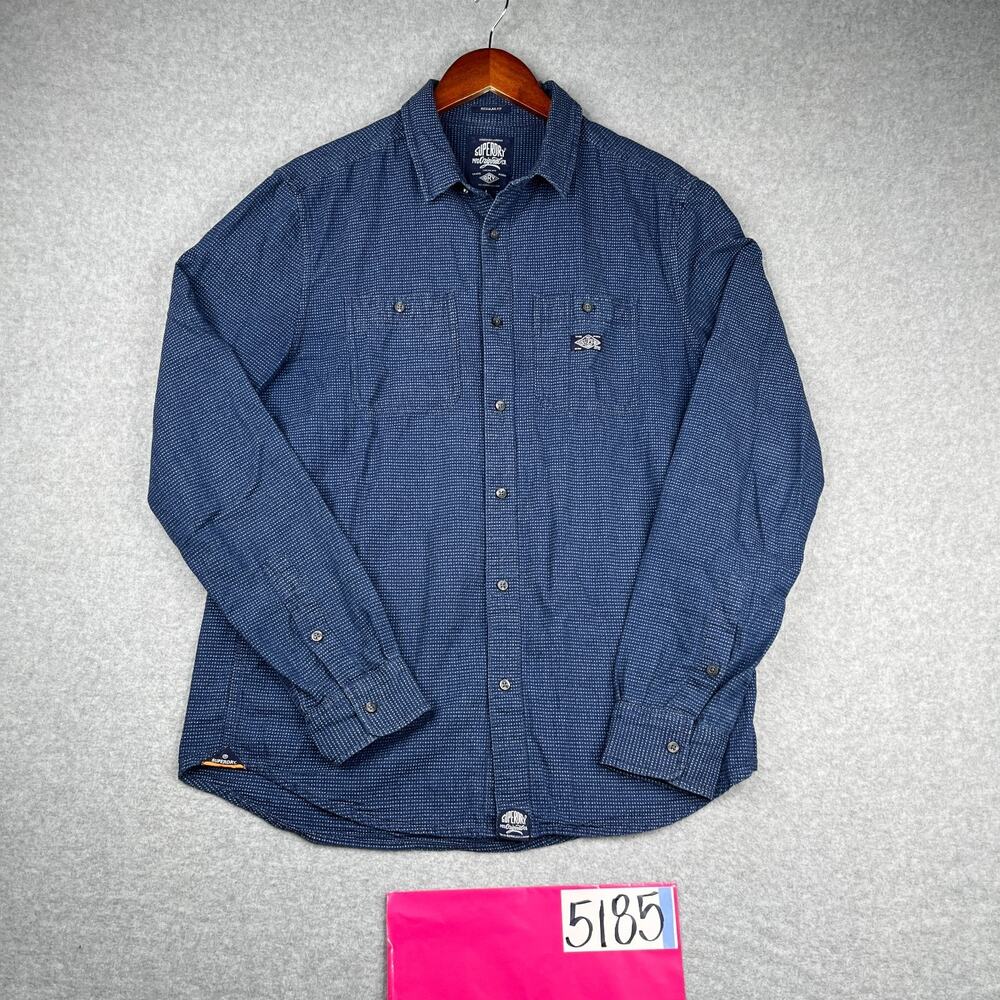 SuperDry Shirt Large Navy Blue White Dots Button Up Long Sleeve Mens